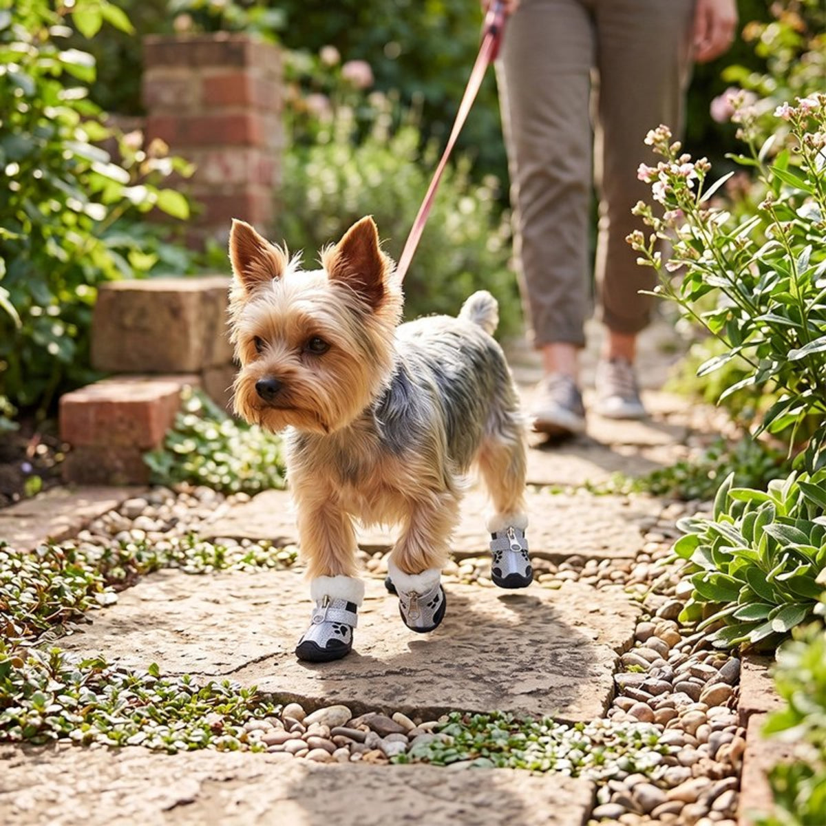 Chaussures pour chien à motif patte, dessus rouge et semelles noires, vue de face.