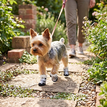 Chaussures pour chien à motif patte, dessus rouge et semelles noires, vue de face.