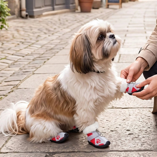 Chaussures pour chien rouges et grises à motif patte, semelles noires, portées sur le côté.
