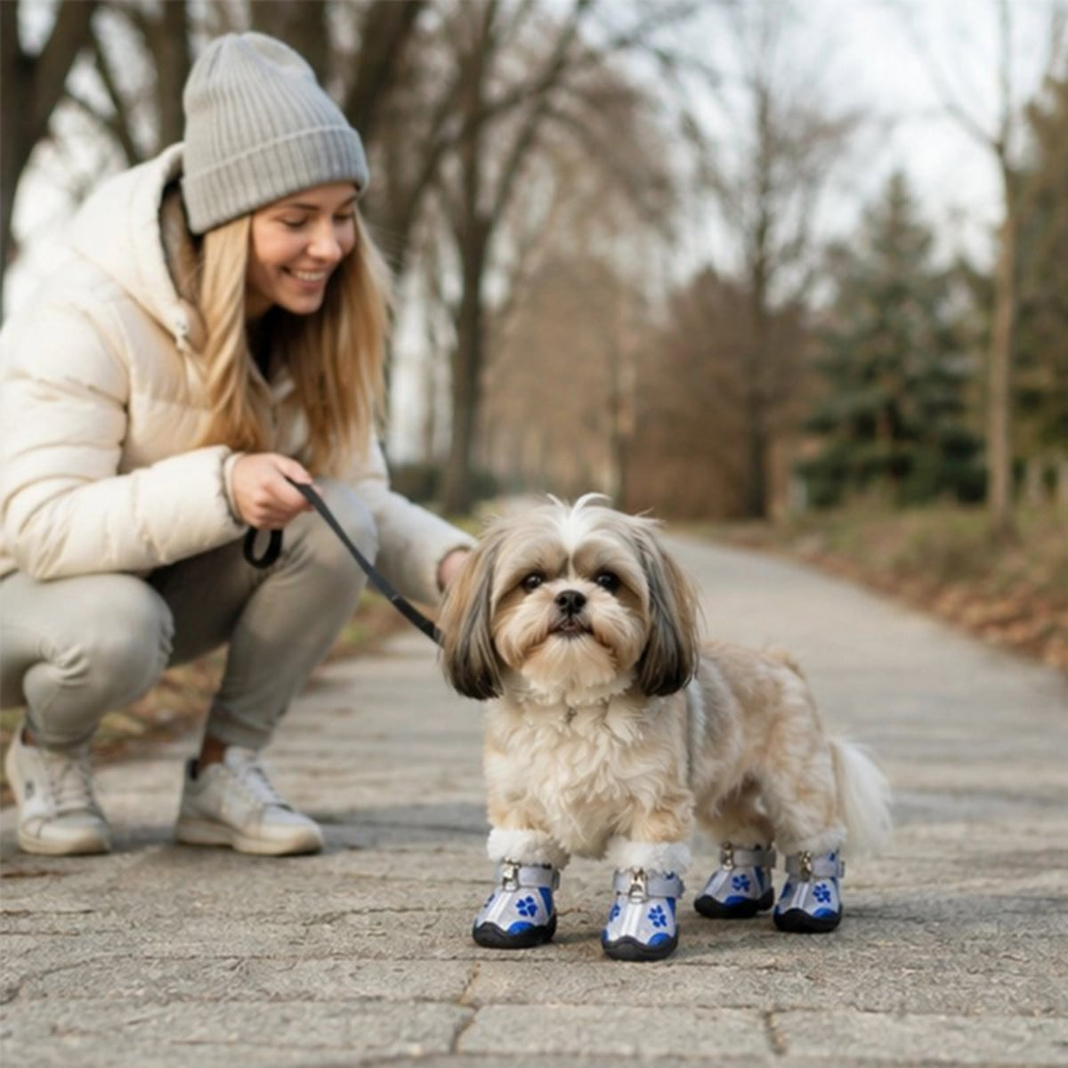 Chaussures pour chien à motif patte, couleurs bleu et rouge, semelles noires, avant visible.