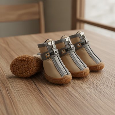 Chaussures pour chien bleu-gris et noires, semelles à relief, sangles réglables.