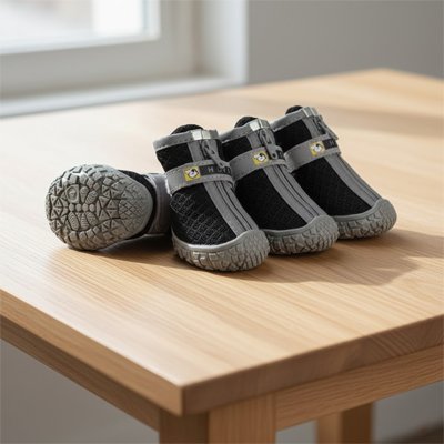 Chaussures pour chien noires et grises, semelles à relief, sangles velcro.