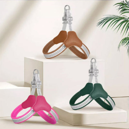 Harnais pour chien Harmonieux en trois couleurs : rose, marron, vert, avec attaches