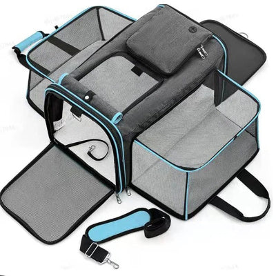 Sac de transport pour chien Superieur gris, bordure bleu clair, poches zippées