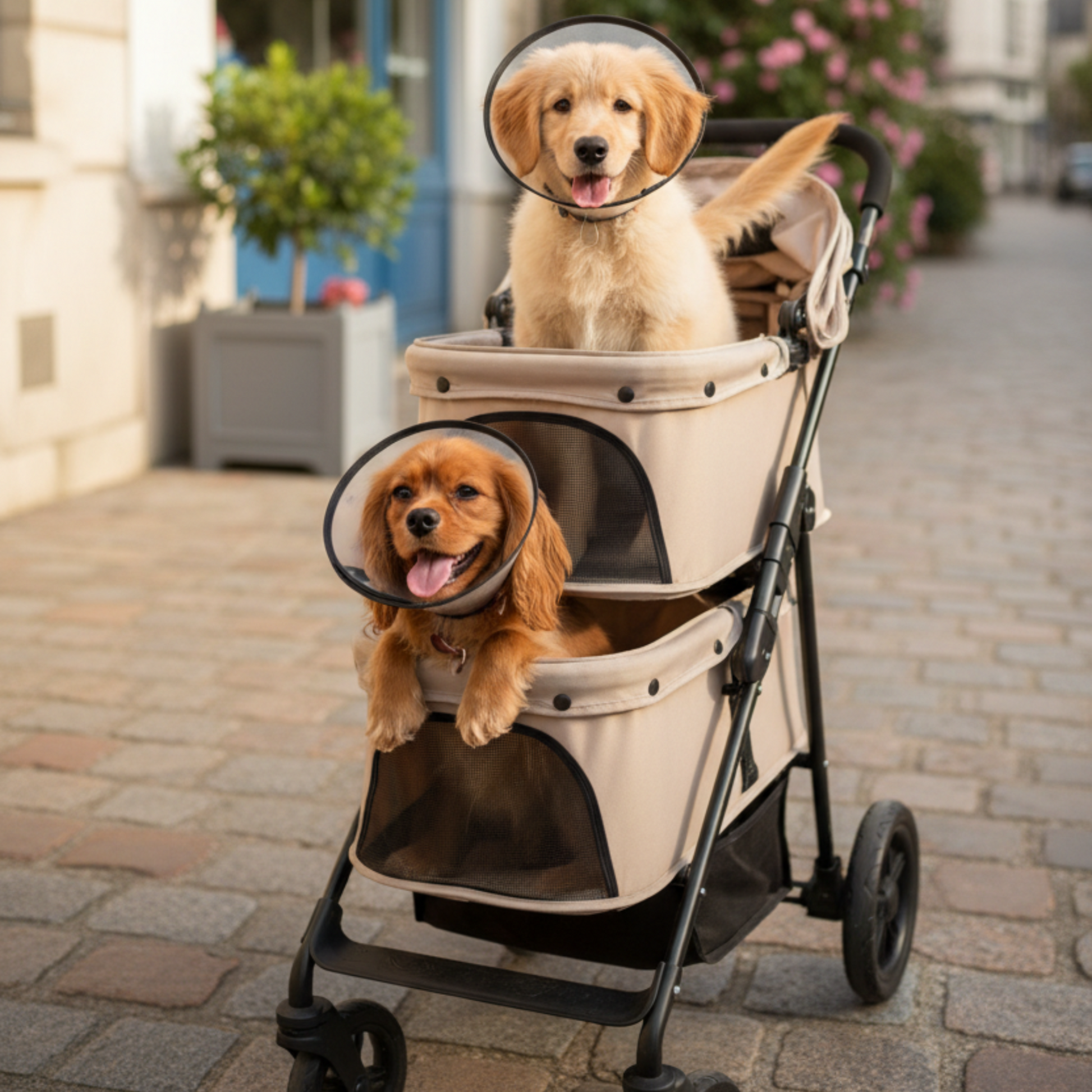 Poussette pour chien double beige avec deux cabines en filet et capote arrondie