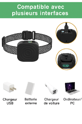 Collier anti-aboiement USB noir, schéma des ports USB et boîtier de charge.