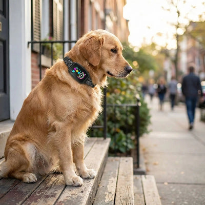 Collier anti-aboiement à vibration noir sur chien, écran LED visible.