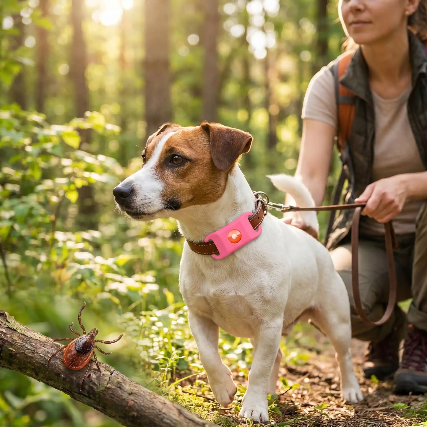 Collier anti-puce pour chien rose avec attache et boîtier fixé