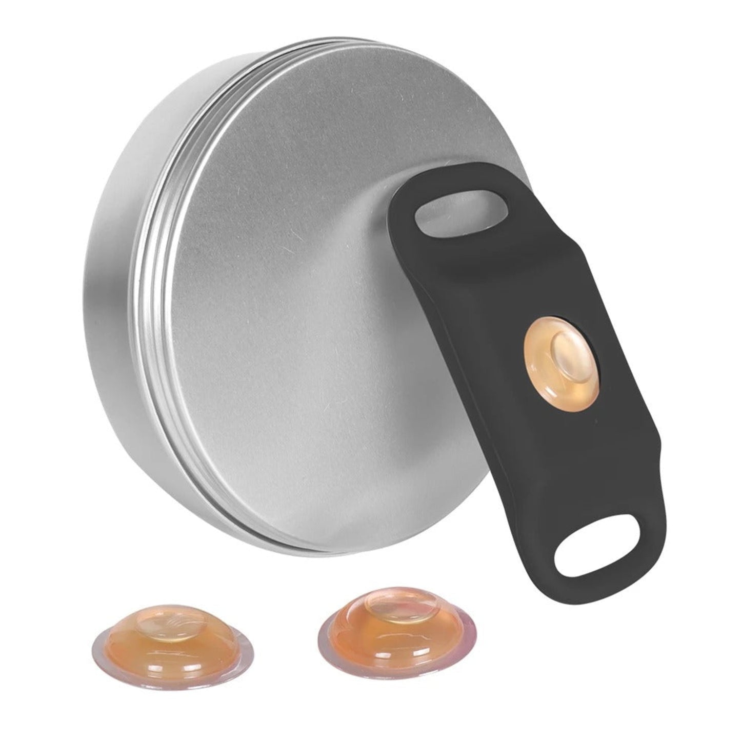 Boîtier anti-puce argenté avec bracelet noir et pastilles ambrées