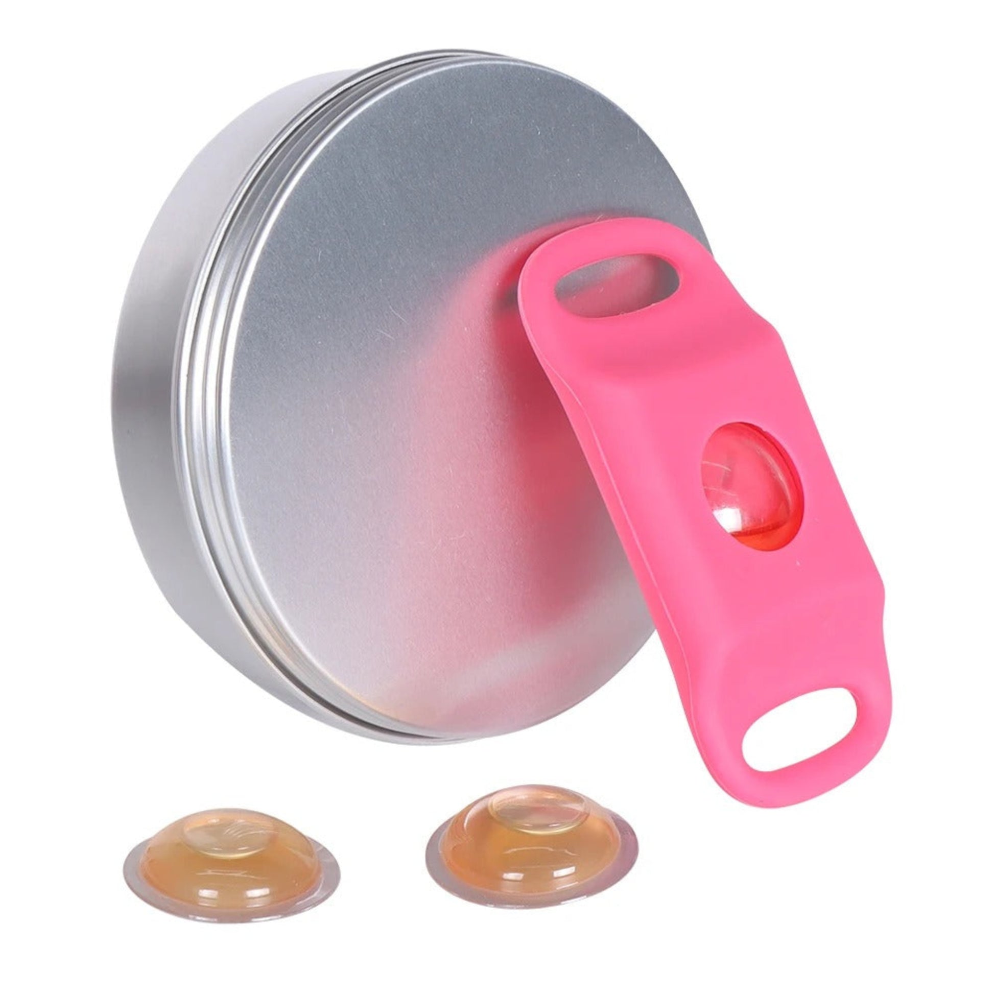 Boîtier anti-puce argenté avec bracelet rose et pastilles ambrées