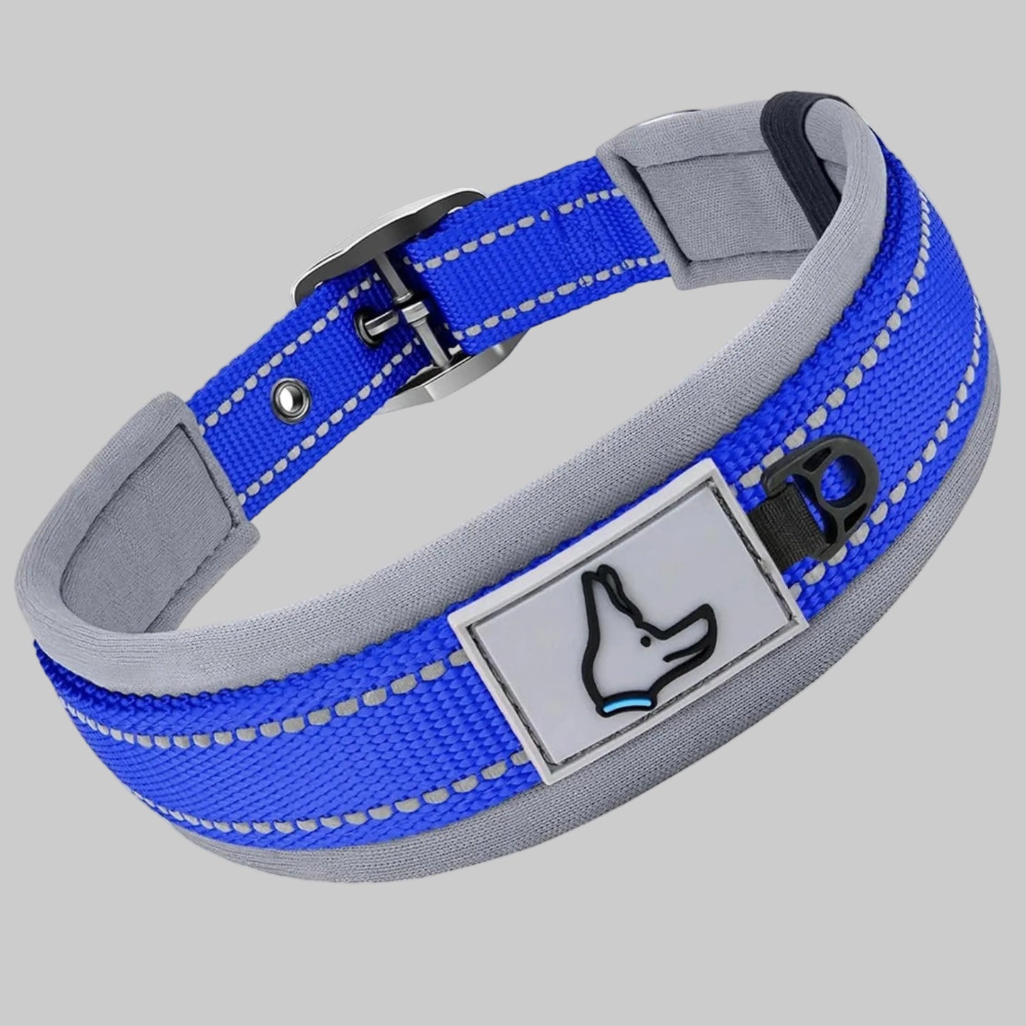 Collier pour chien en néoprène rembourré bleu, boucle noire et patte décorative