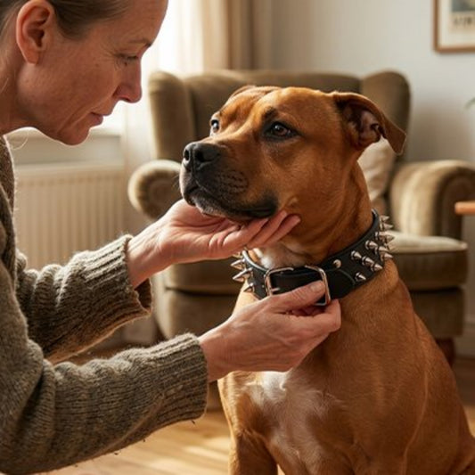Collier pour chien noir à clous coniques argentés et boucle