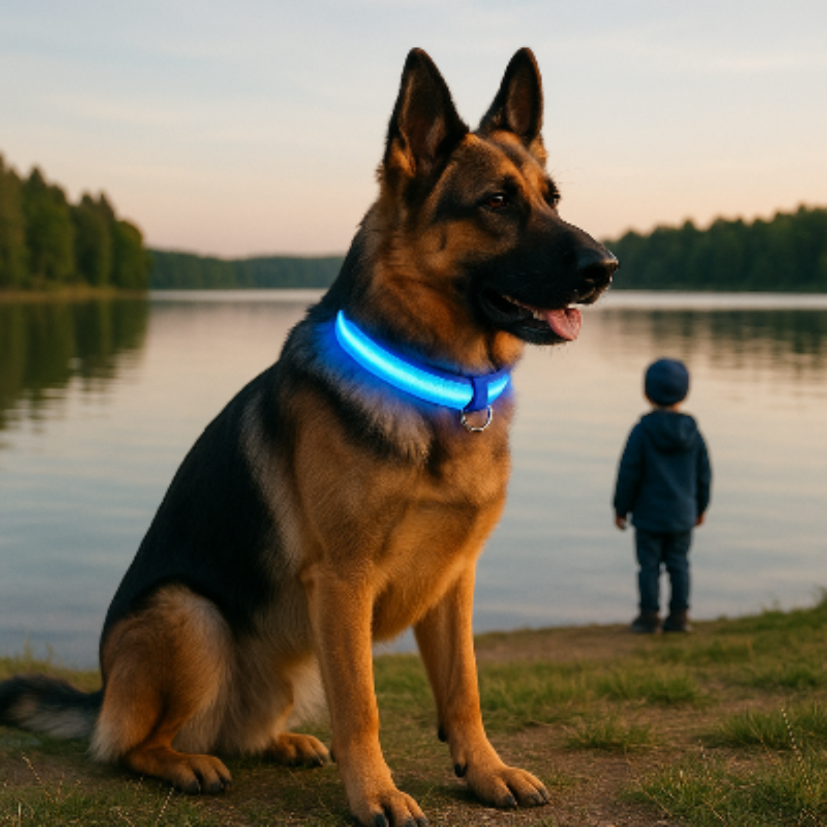 Collier lumineux pour chien bleu allumé, sangle noire et bande LED au cou