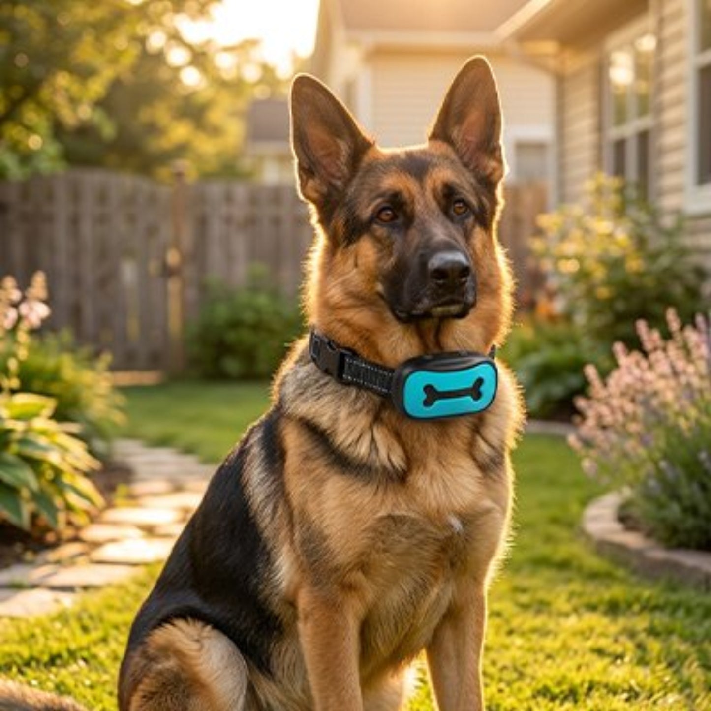Collier de dressage rechargeable : bande noire, module bleu à motif os