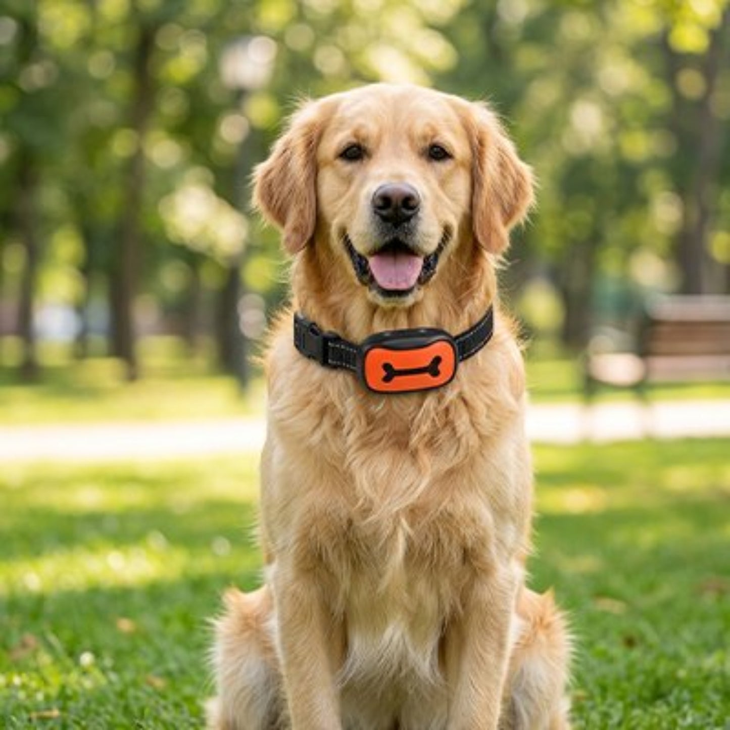 Collier de dressage rechargeable avec bande noire et module orange à motif os