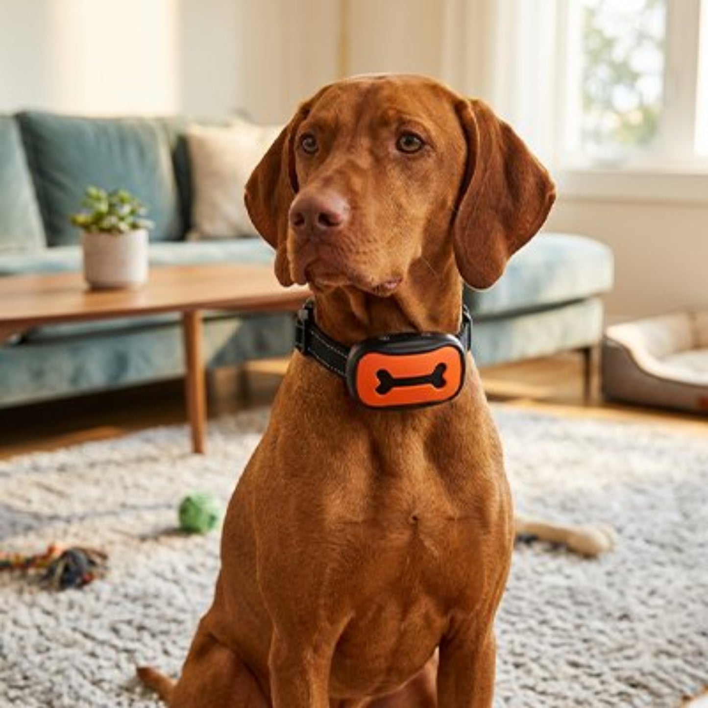 Collier de dressage rechargeable : bande noire, module orange à motif os