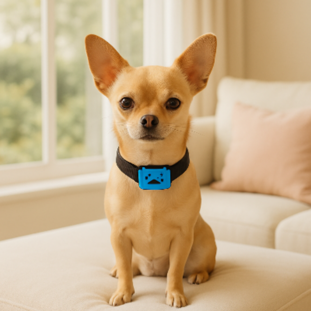 Collier de dressage pour chien avec boîtier bleu porté sur petit chien fauve