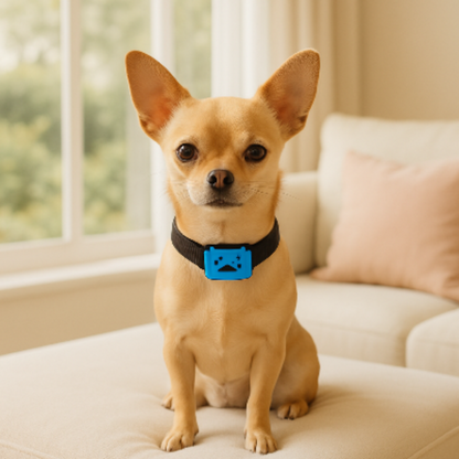 Collier de dressage pour chien avec boîtier bleu porté sur petit chien fauve