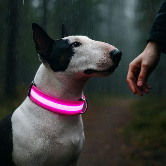 Collier lumineux rose à LED sur le cou du chien, avec boucle en métal