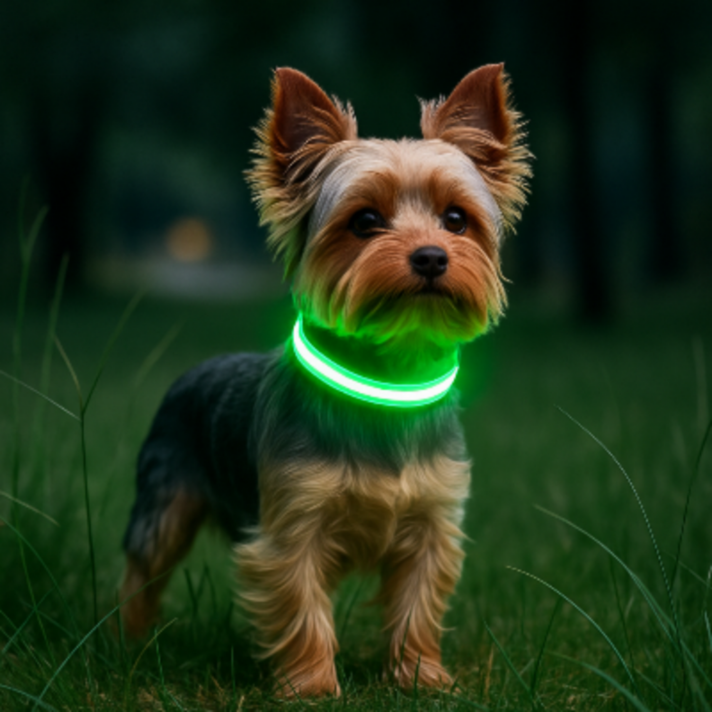 Collier lumineux LED vert sur le cou d’un petit chien brun et beige, lueur verte