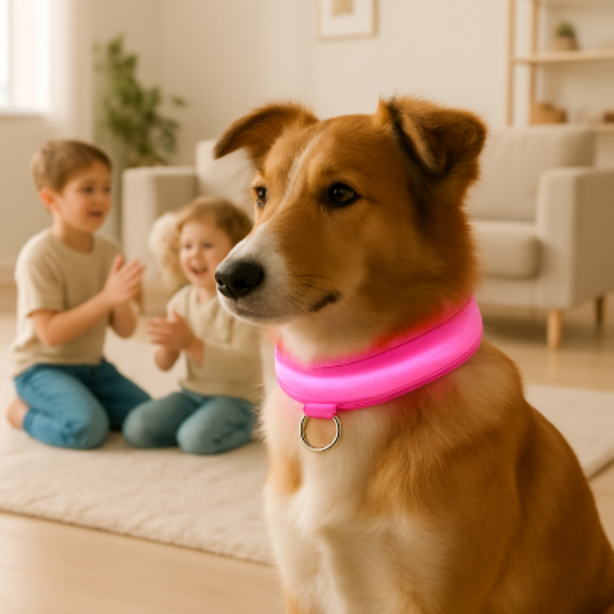 Collier lumineux rose à LED sur un chien, sangle souple et anneau de maintien