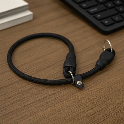 Collier pour chien noir en sangle avec anneau métallique, vue de dessus