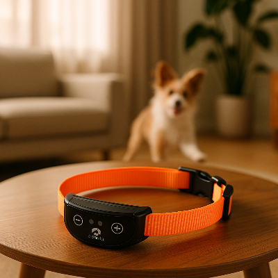 Collier anti-aboiement pour petit chien, sangle orange et boîtier noir