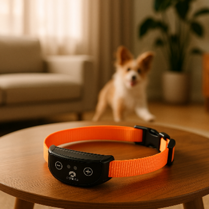 Collier anti-aboiement pour petit chien, sangle orange et boîtier noir