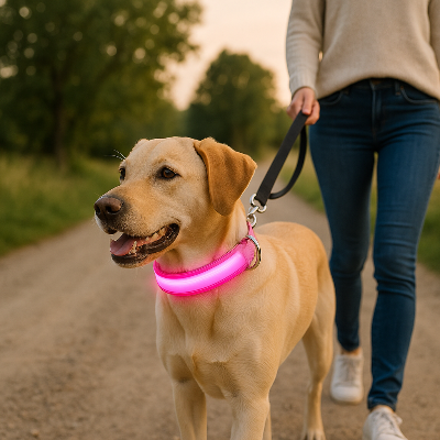dame marchant avec son pitou collier lumineux chien rose