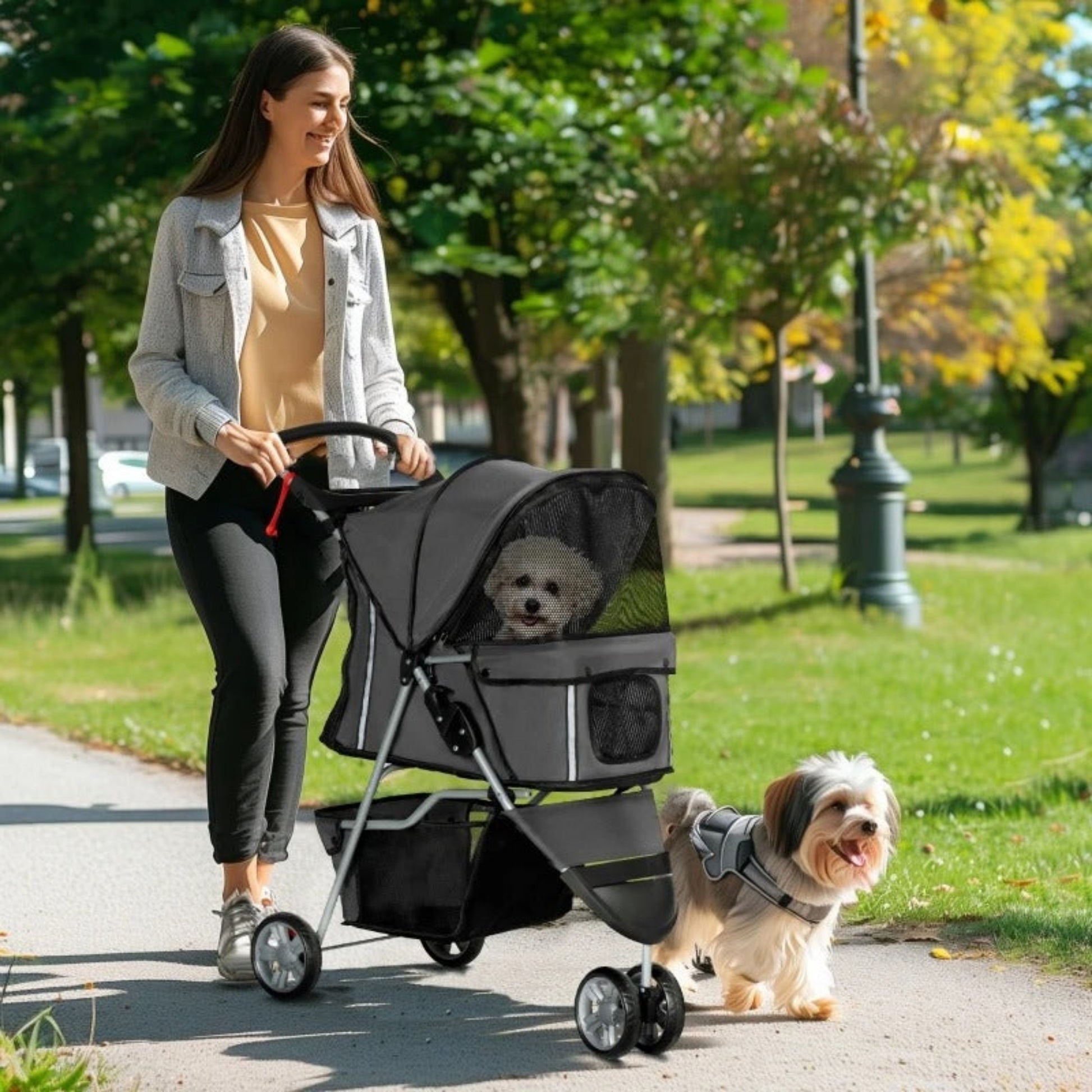Poussette pour chien 10 kg avec chien assis, capote pare-soleil et roues