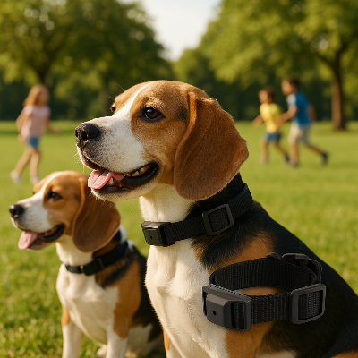 Deux beagles collier anti aboiements parc