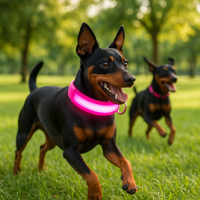 deux pinscher jouant avec collier lumineux chien
