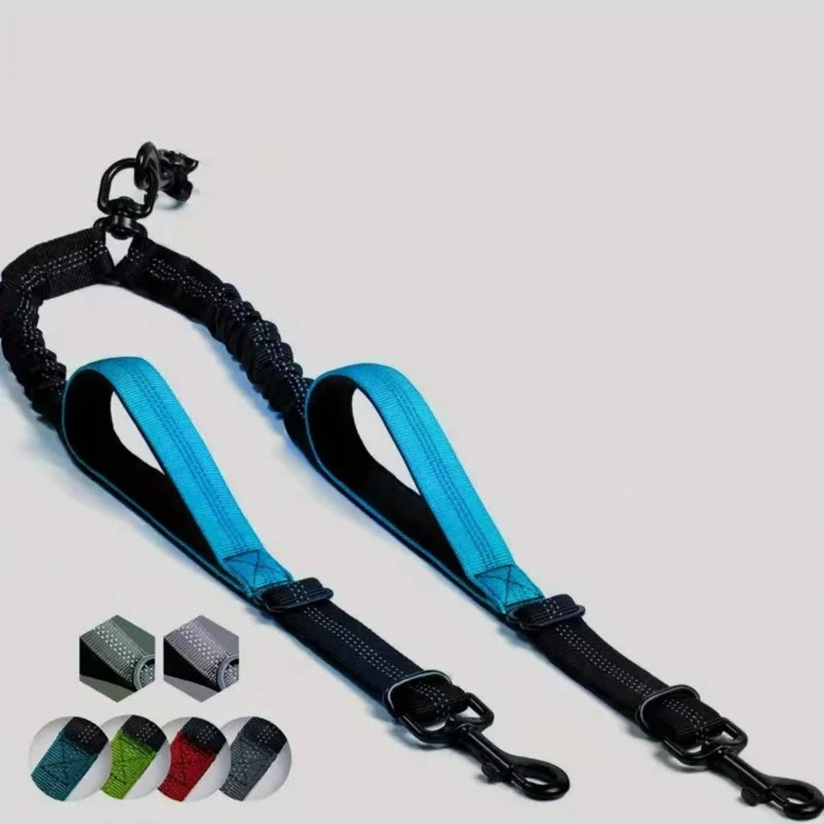 Double laisse pour chien bleu ciel/noir, 2 sangles noires avec attaches métalliques.