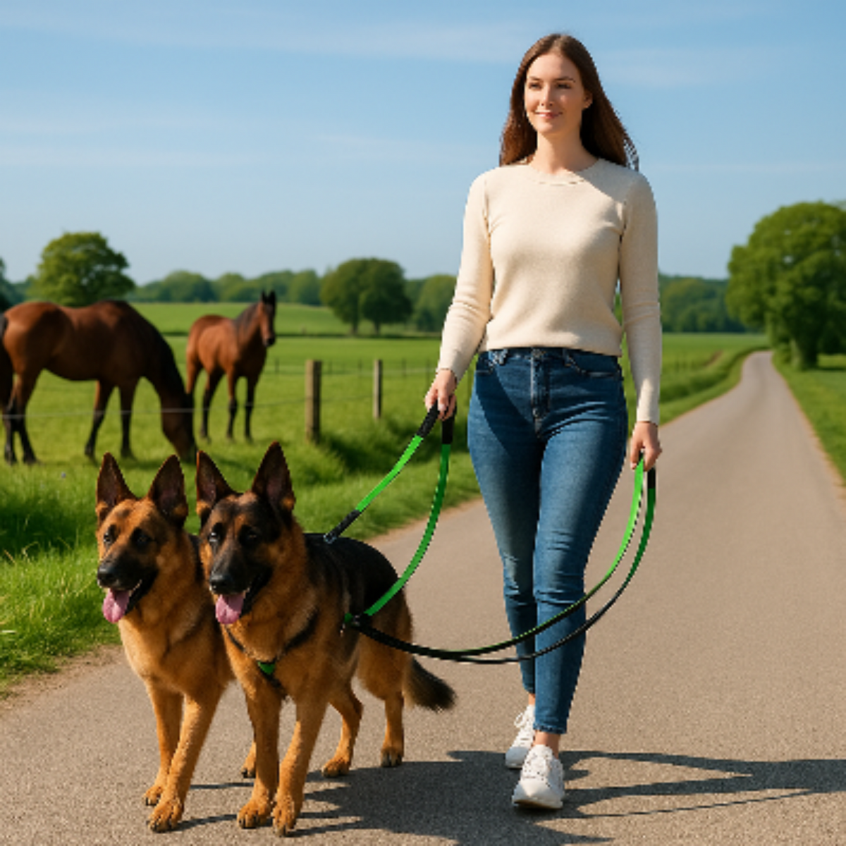 Laisse double pour chien avec deux laisses vertes et poignées, mousquetons