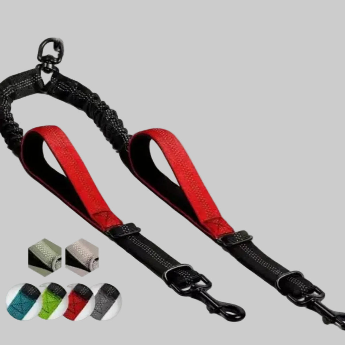 Double laisse pour chien rouge/noir, 2 sangles noires avec attaches métalliques.