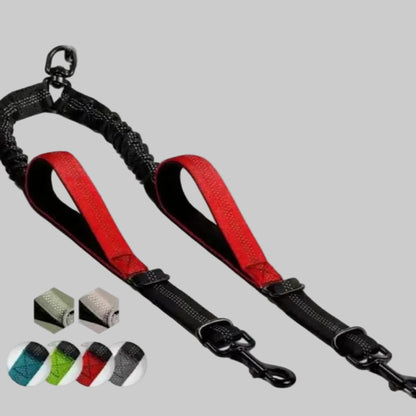 Double laisse pour chien rouge/noir, 2 sangles noires avec attaches métalliques.