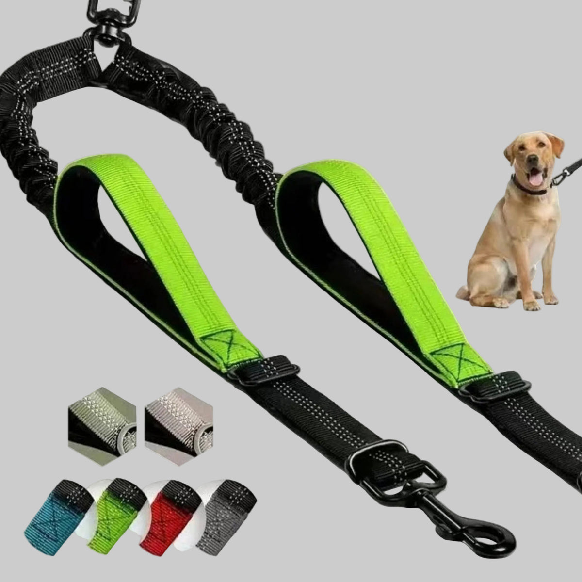 Double laisse pour chien vert fluo/noir, 2 sangles noires avec attaches métalliques.