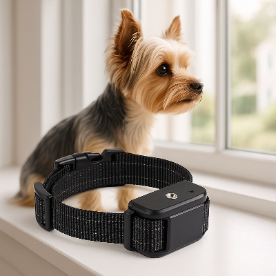 Collier anti-aboiement noir pour petit chien, sangle tissée et boîtier noir sur le dessus