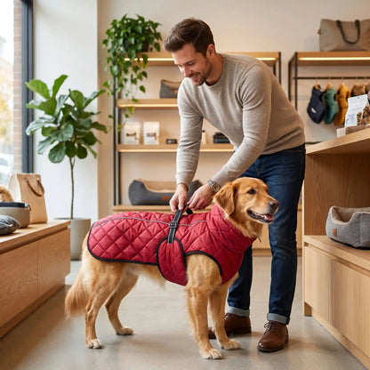 Manteau pour chien matelassé rouge, fermeture éclair noire et ouverture pour pattes
