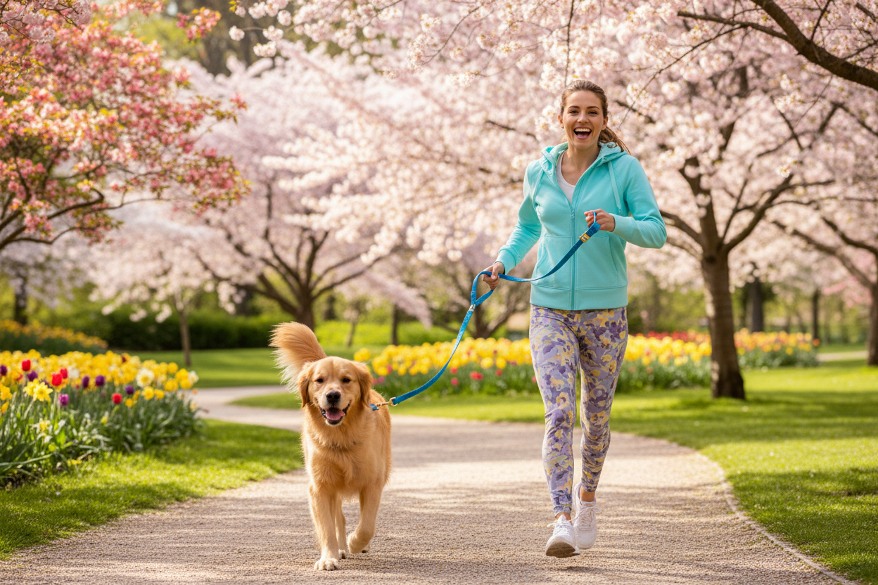 Femme souriante promenant son chien au printemps