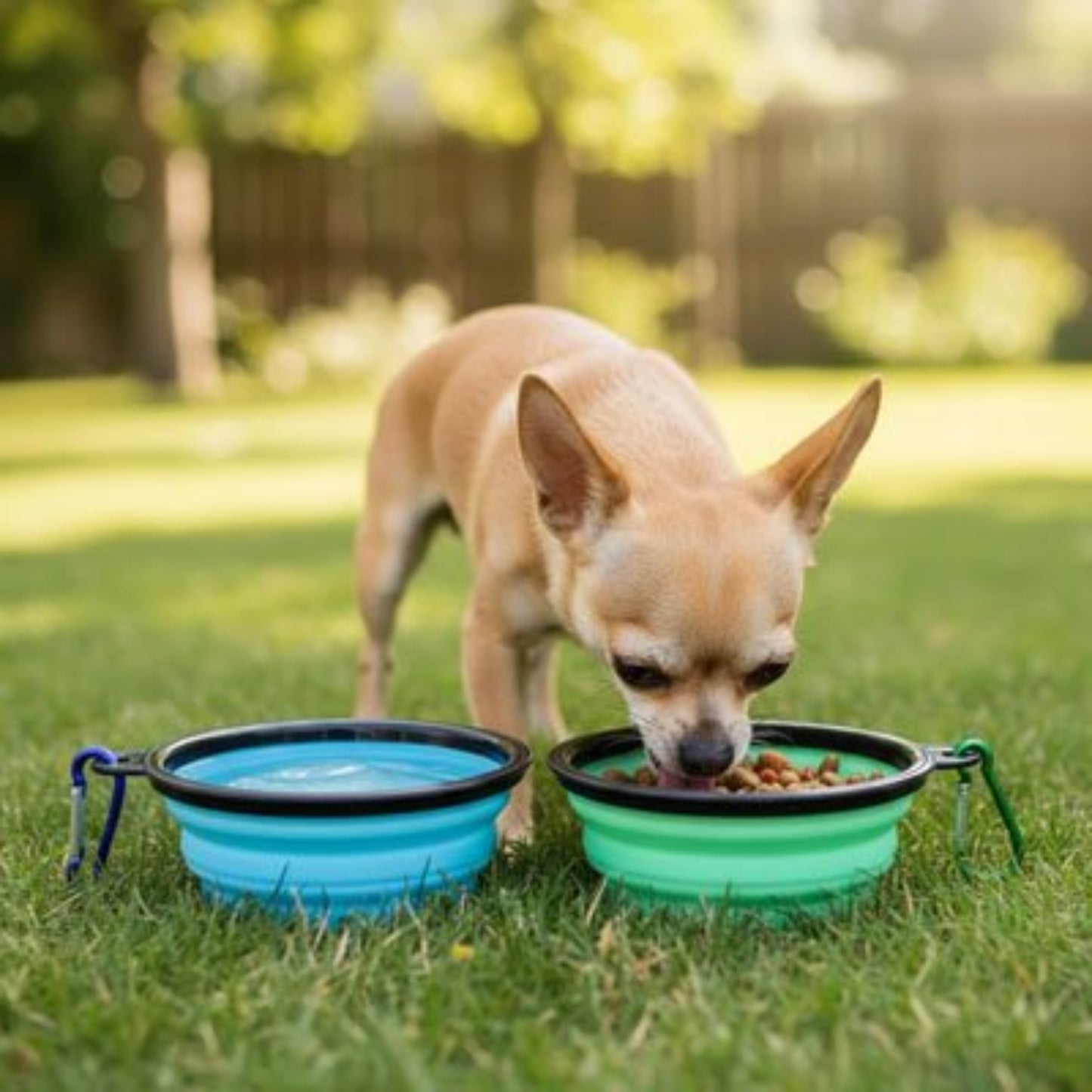 Deux gamelle chien pliantes pour chien, bleu et vert, couvercles noirs, croquettes et eau