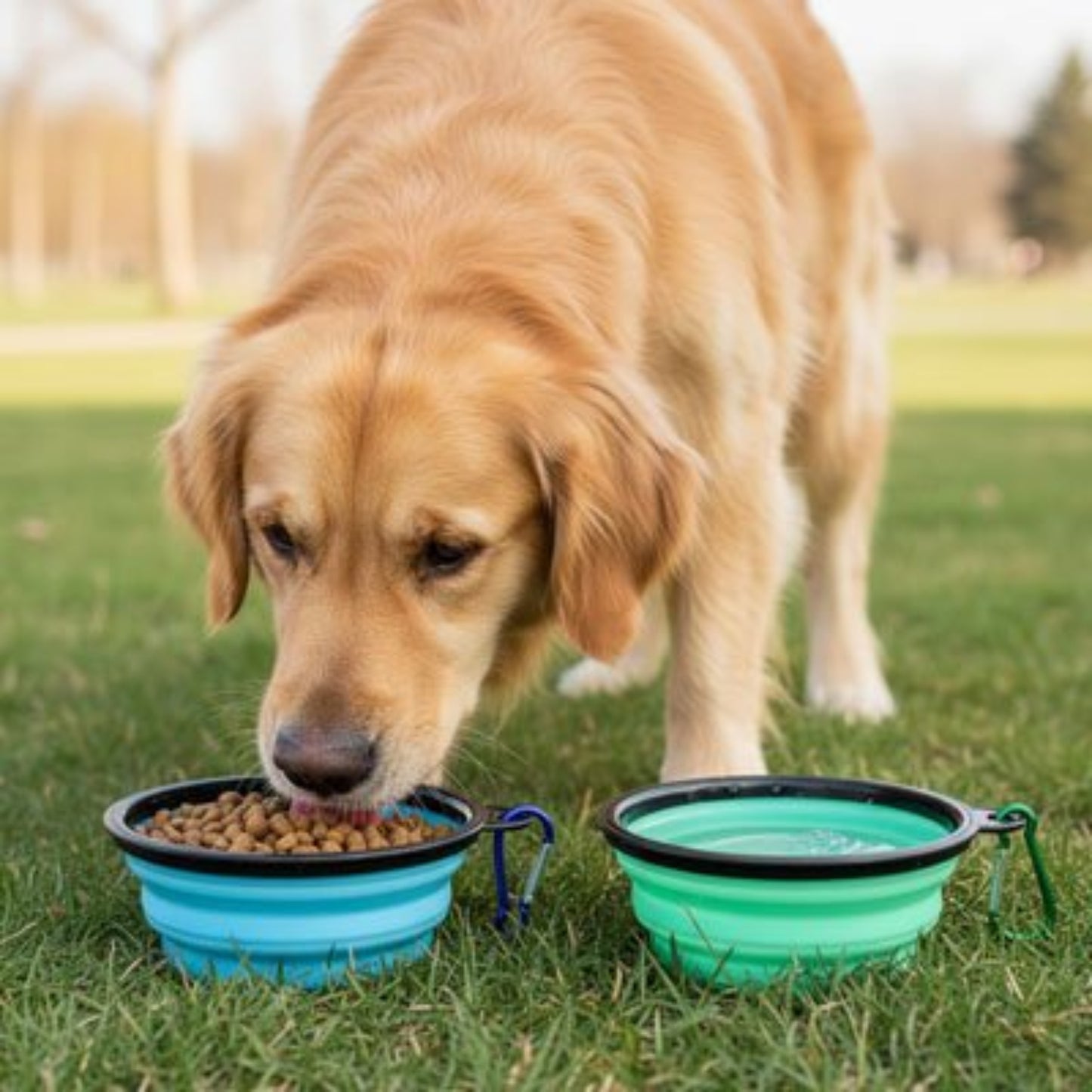 Deux gamelle chien pliantes pour chien, bleu et vert, couvercles noirs, croquettes visibles