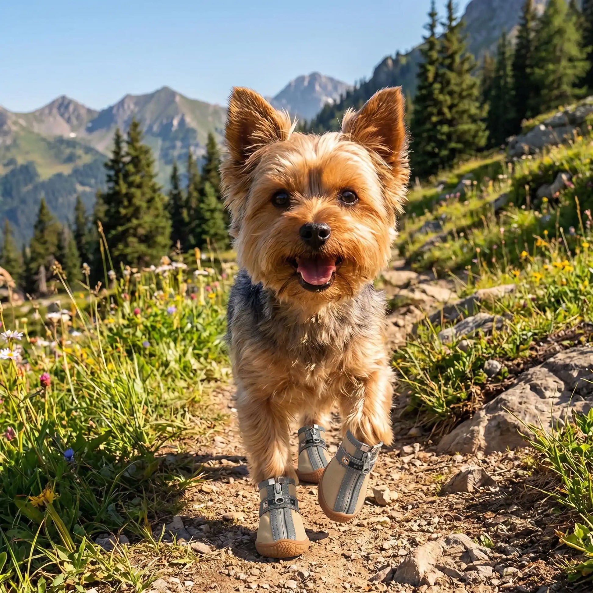 Chaussures pour chien bleu-gris à sangles, semelle adhérente pour terrains extérieurs.