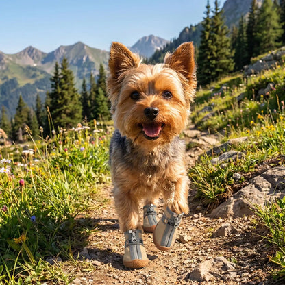 Chaussures pour chien bleu-gris à sangles, semelle adhérente pour terrains extérieurs.