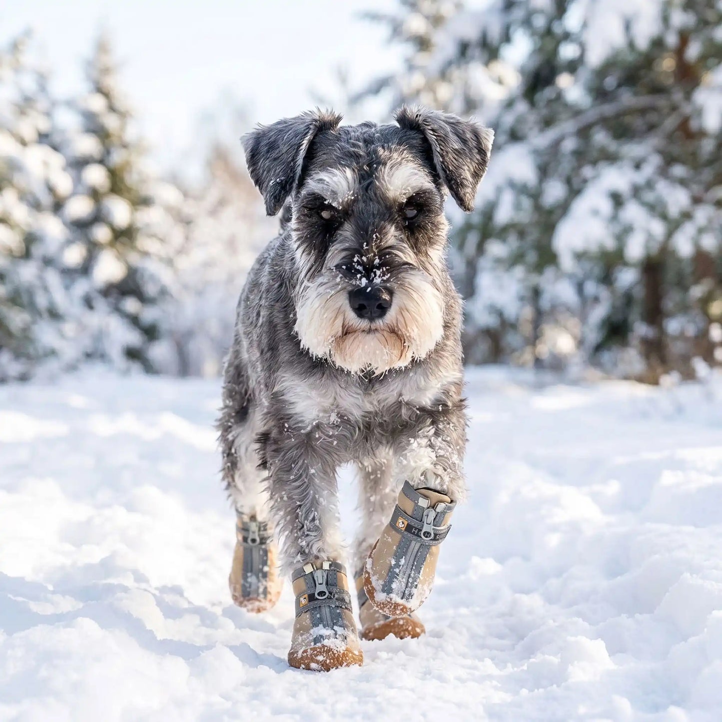Chaussures pour chien gris foncé, semelles texturées, sangles à fermeture sur pattes.