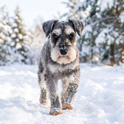 Chaussures pour chien gris foncé, semelles texturées, sangles à fermeture sur pattes.