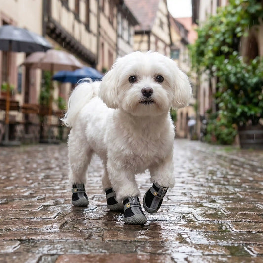 Chaussures pour chien noires et grises, semelle antidérapante, dessus avec sangles.