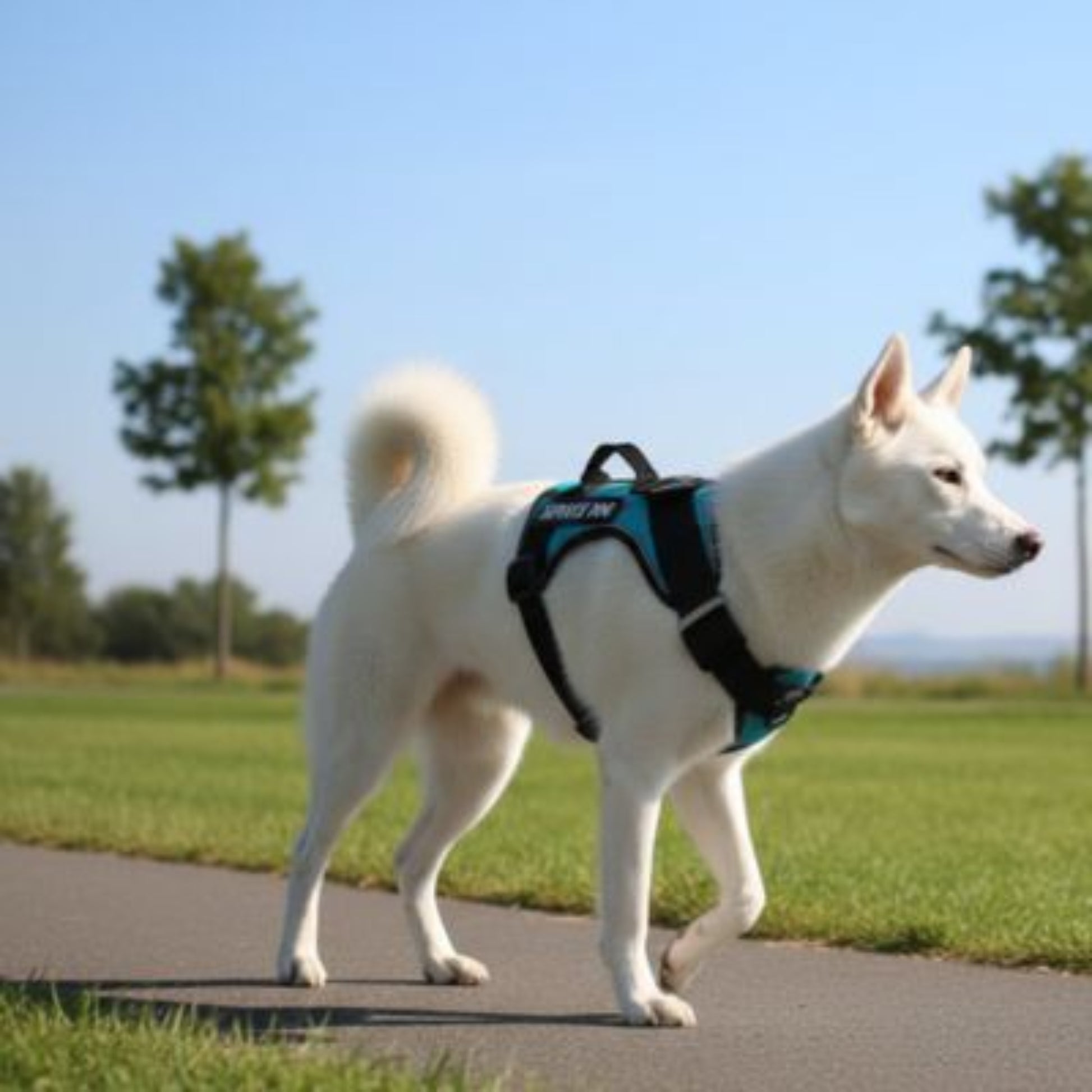 Harnais anti-traction pour chien turquoise et noir, boucles de fixation sur le buste