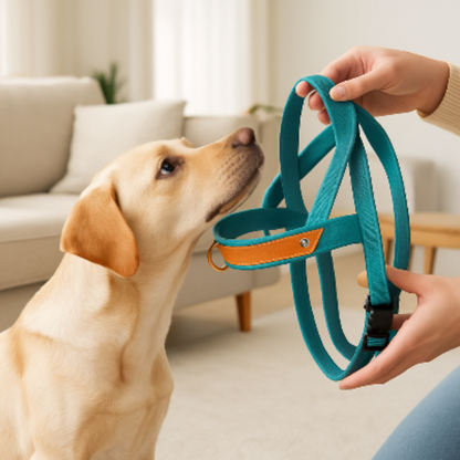 Harnais anti-traction pour chien turquoise et bleu ciel, liseré orange, tenu à la main