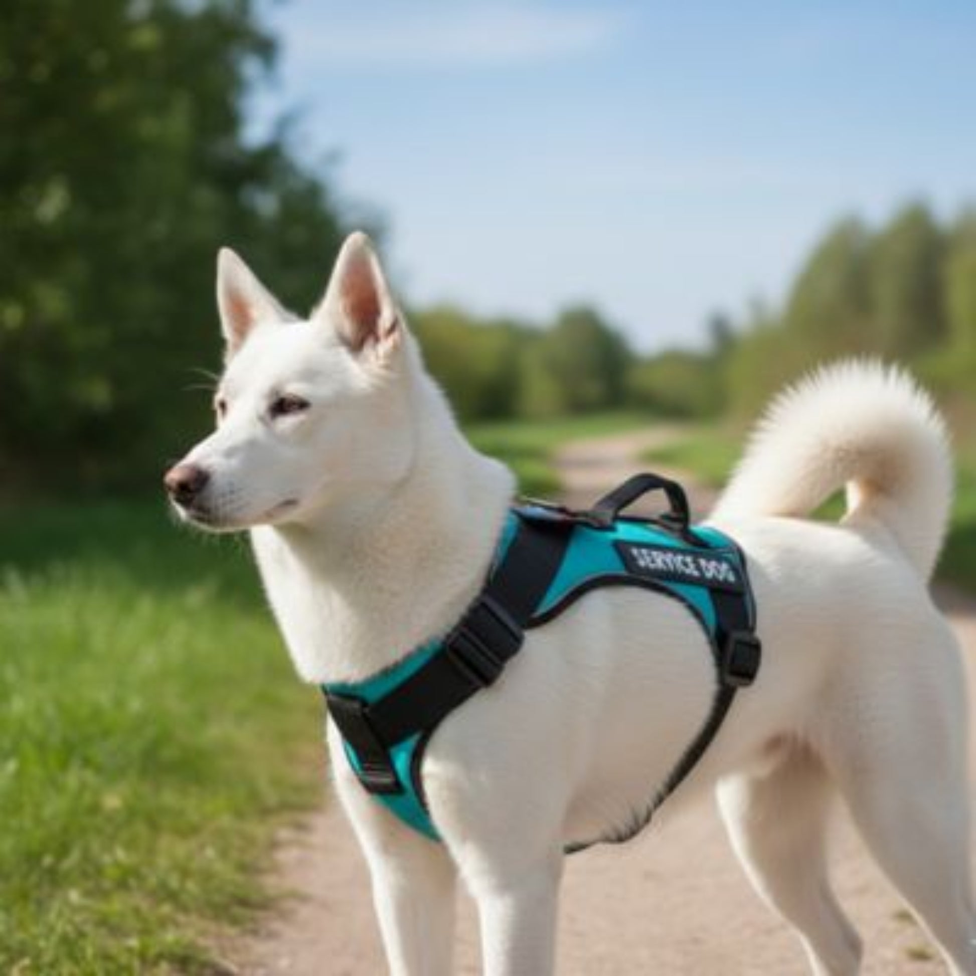 Harnais anti-traction pour chien noir et turquoise, sangles réglables, attaches à l’avant